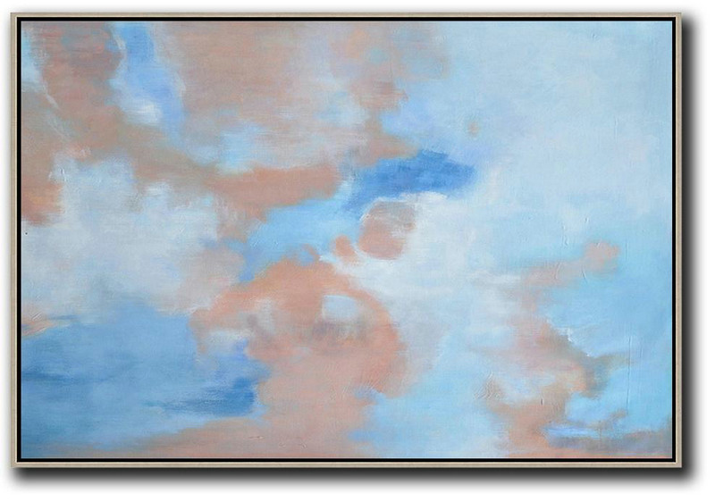 Horizontal Abstract Landscape Oil Painting,Acrylic Painting On Canvas Blue,Pink,White